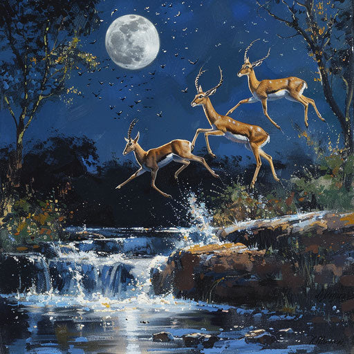 Graceful gazelles leaping over a small stream under the moon