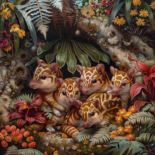 A family of tiger quolls nestled together in a hidden den