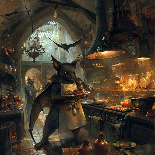 A bat master chef preparing a feast for nocturnal creatures