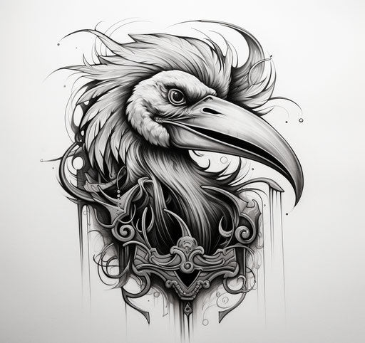 Pelican tattoo design and decoration of skull, coffin, chain and scythe, in graphite sketches, horror manga style