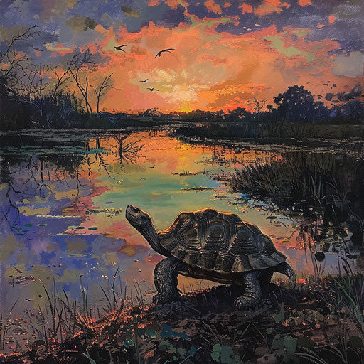 Texas tortoise by the pond at twilight