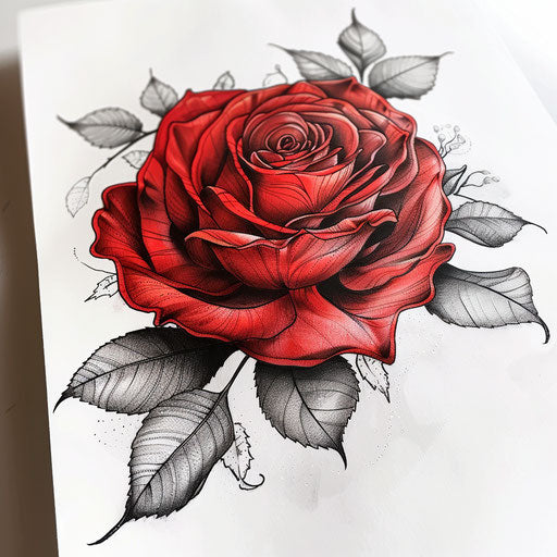 High-contrast tattoo sketch of a red rose