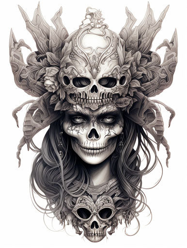 Witch with helmet, highly detailed realism, skull motifs