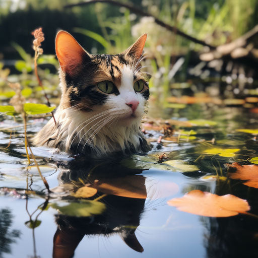Calico cat swimming in a lake by the shore