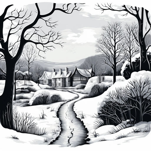 Winter trees frame holiday house captivating black white