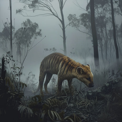 Thylacine in a surreal misty forest landscape