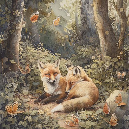 Foxes lounging in the sun with butterflies