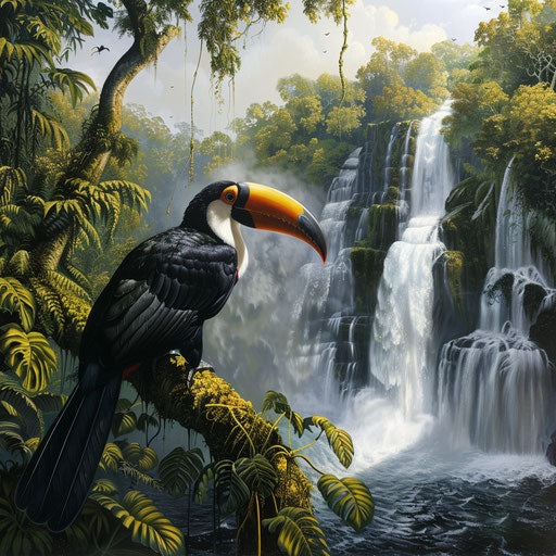 Majestic toucan overlooking waterfall in rainforest