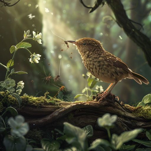 Wren bird feeding on insects in a lush forest