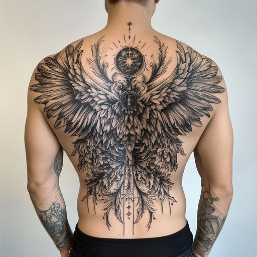 Back tattoo with majestic wings and celestial symbols