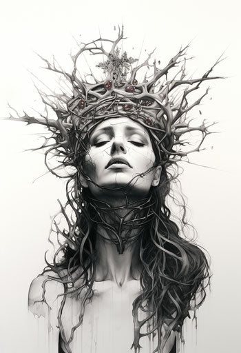 Person with crown of thorns and heart symbol in cross background