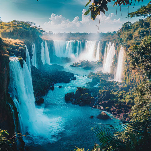 Iguazu Falls with bright blue waters and dynamic cliffs