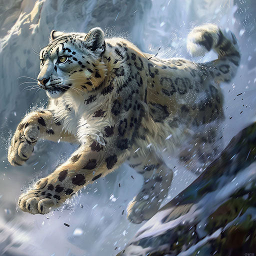 Snow leopard gracefully leaping to catch prey