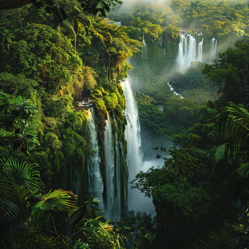 Iguazu Falls surrounded by dense greenery and vibrant colors