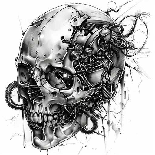 Mechanical skull tattoo design with bolts and wires