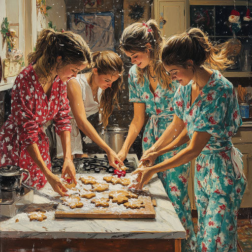 College friends in mismatched Christmas pajamas baking gingerbread cookies in a cramped kitchen