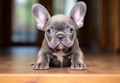 Small gray and white puppy sitting on a wooden floor