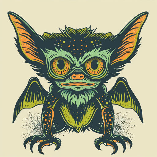 Flat tattoo sketch of a mischievous gremlin with playful eyes