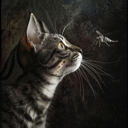 American shorthair cat staring at an insect