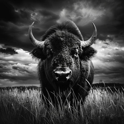 Buffalo in black and white with a dramatic composition in the style of Laurent Baheux