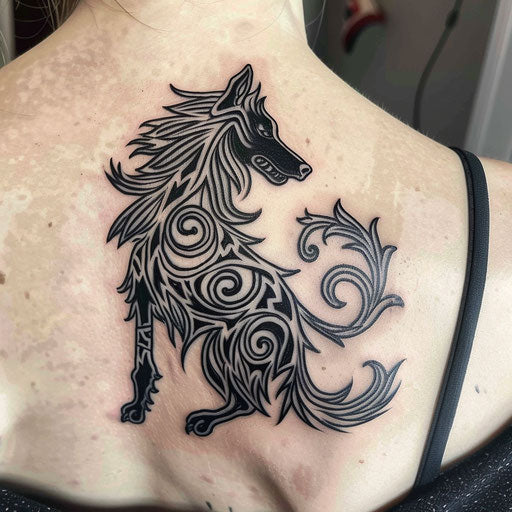 Mythological Irish wolfhound tattoo with Celtic patterns