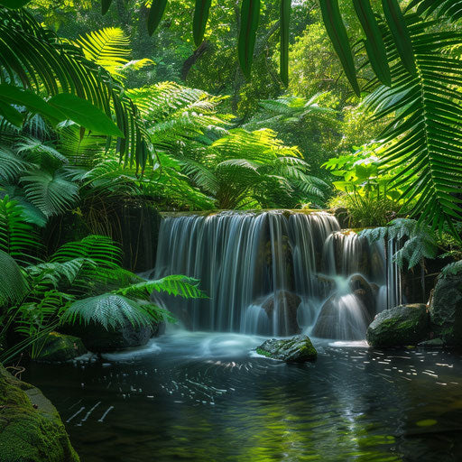 Serene waterfall with lush green foliage in the style of Erez Marom