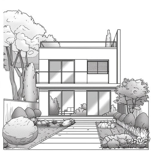 Modern minimalist house with large windows and sleek garden