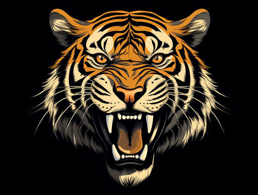 Black and gold tiger head on white background, woodcut style