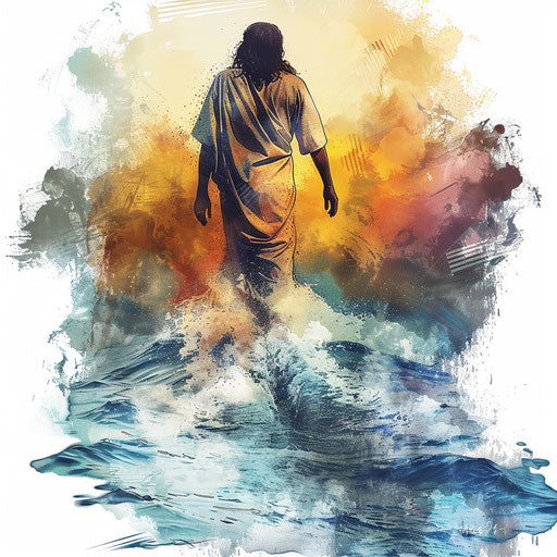 Jesus walking on water in a simple clipart style