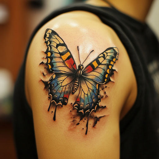 butterfly tattoo men on the shoulder, in the style of Guy Aitchison