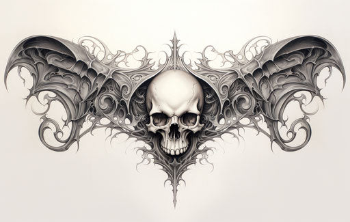 Skull and bat wings in ornate baroque style