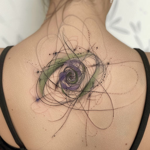Spiral abstract chain tattoo with purple and green shades
