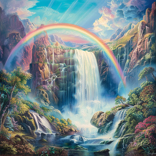 Rainbow cascading over vibrant waterfall