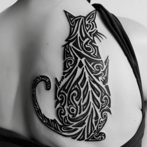 Black cat tattoo with tribal patterns on white background