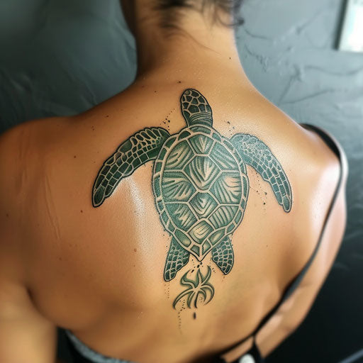 Elegant sea turtle tattoo with Polynesian tribal patterns
