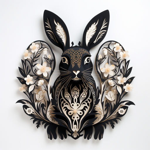 Ornamented rabbit on white background, intricate cut-outs