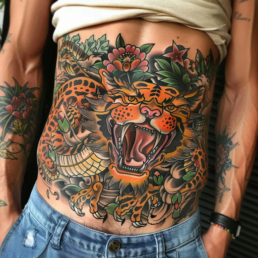 Ed Hardy-inspired stomach tattoos with iconic American motifs