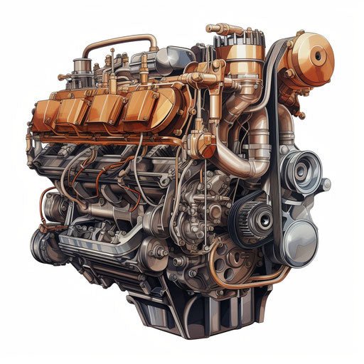 Engine drawing in the style of Oil painting, on a white background