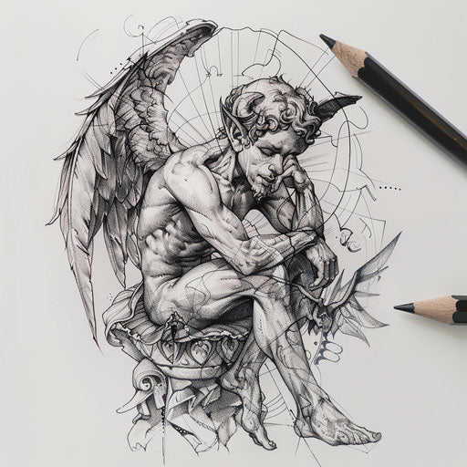 Sophisticated sketch of a contemplative angel and a mischievous devil