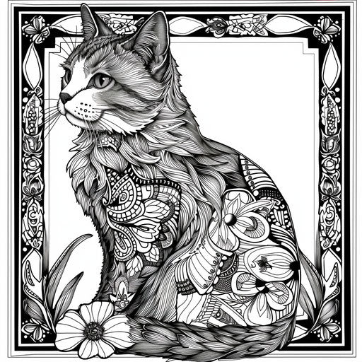 Sophisticated kitten with delicate floral designs in Megan Hess inspired coloring book page
