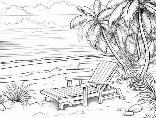 Beach coloring page, pictorial style, scrapbook 4:3