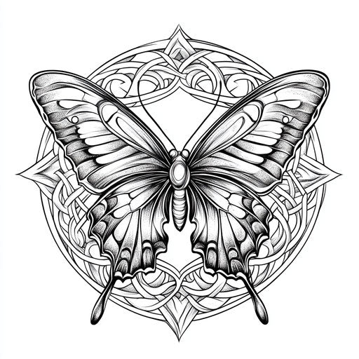 Butterfly tattoo for women with Celtic knot on white background