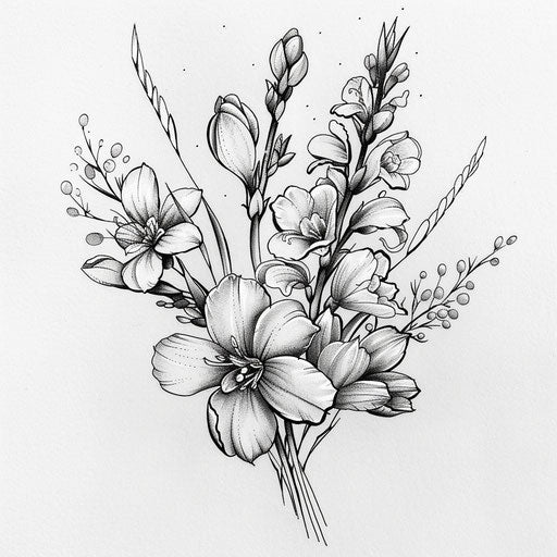 Flat tattoo sketch of a birth flower bouquet with delicate snowdrops and freesias