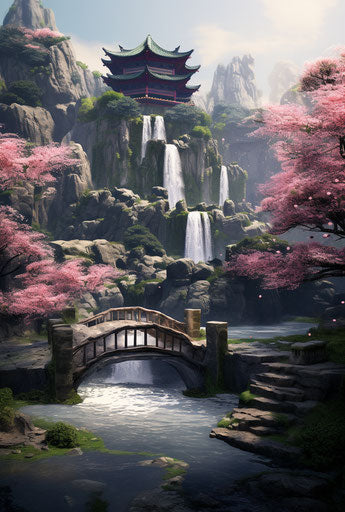 Asian painting with waterfall and lotus flower