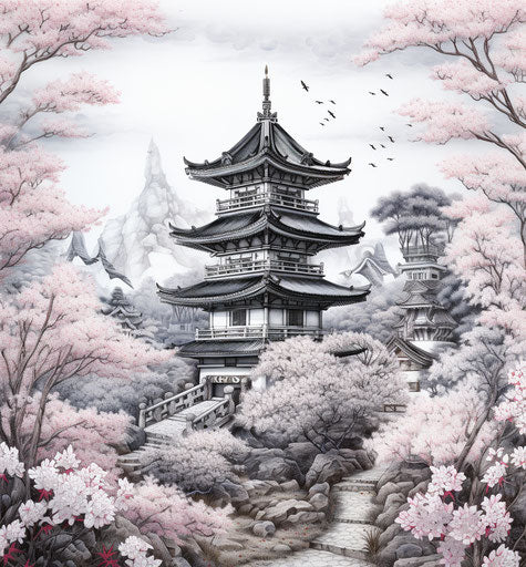 Pagoda with flowers in airbrush art style