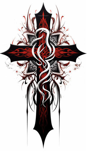 Tribal cross tattoo red and black, twisted branches