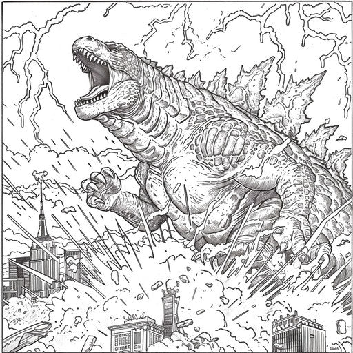 Godzilla in a dramatic battle scene with lightning and explosions