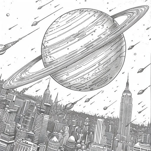 Detailed planets with cityscapes in the style of Stephen Wiltshire