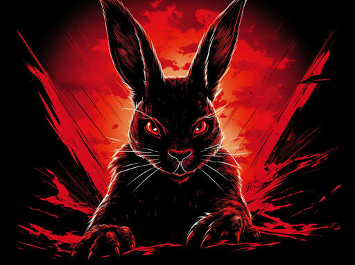 Rabbit with red eyes on black background, graphic novel style