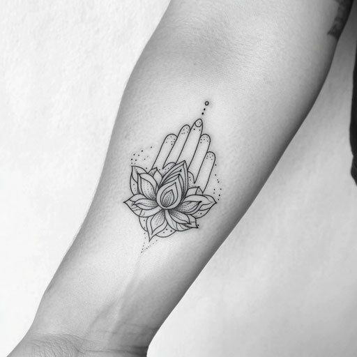 Minimalist clipart hamsa hand tattoo in dark ink on white